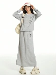 Bộ 2 chiếc áo nỉ in họa tiết cổ chữ V thời trang dạo phố cho bé gái tuổi teen và váy hoodie dây rút thoải mái, thích hợp mặc thường ngày - Xám - Xem 6