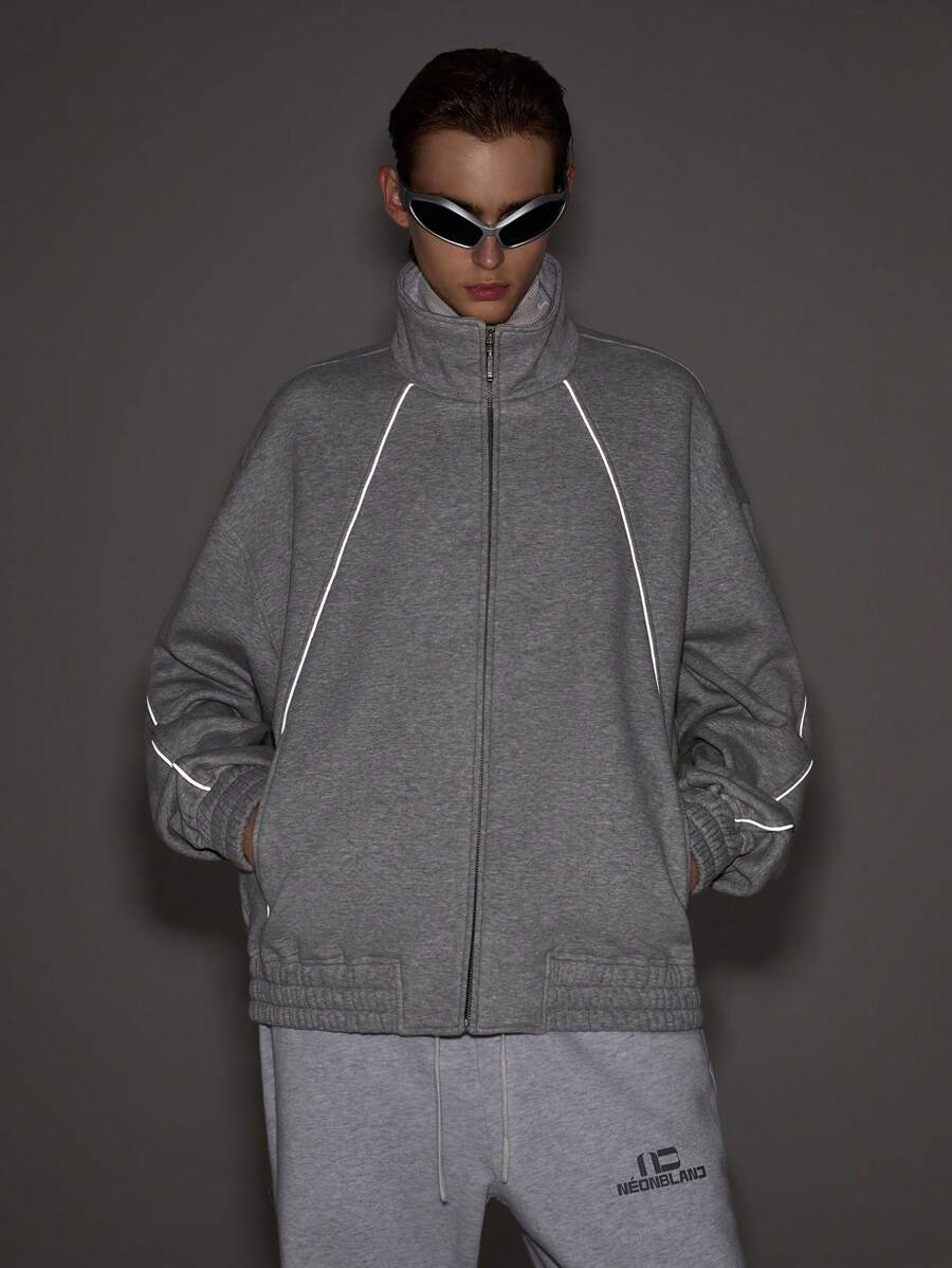 Manfinity VCAY 1 Stück Herren Grau Raglan Ärmel Stehkragen Reißverschluss Jacke, für Herbst und Winter - Grau - Übersicht 1