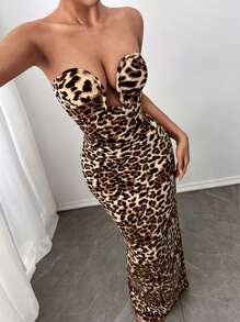 SHEIN SXY Váy dự tiệc hở lưng họa tiết da báo cho phụ nữ gợi cảm, mùa thu/đông - Nhiều màu - Xem 1