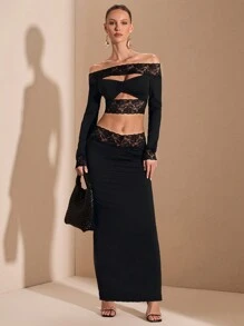 SHEIN BAE Bộ 2 món áo hở vai viền ren thanh lịch cho nữ và chân váy, thích hợp cho buổi hẹn hò thường ngày, đi chơi đêm, trang phục dự tiệc câu lạc bộ, tay dài, mùa thu - màu đen - Xem 4
