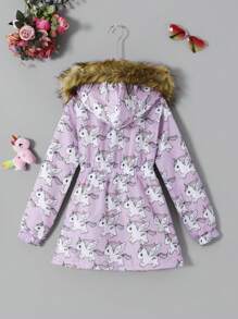 Girls Fashionable Cute Light Purple Rainbow Unicorn Wing Pattern Hooded Thick Fleece Jacket, Autumn/Winter Everyday Wear, Sibling Outfits Matching Outfits (2 Pieces Are Sold Separately) - Multicolor - View 2