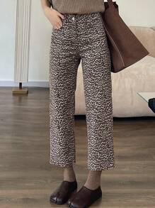 DAZY Leopard Print Straight Leg Cropped Jeans - Brown - View 4