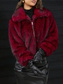 SHEIN SXY Glamorous Fluffy Winter Jacket For Women - Burgundy - View 3