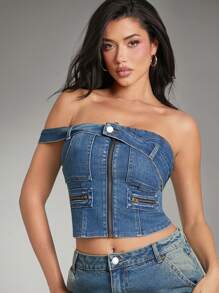 Denimoi Premium Denim Zip One Shoulder Casual Cropped Top - Dark Wash - View 7