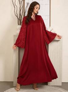 Al Najma 勃艮第红色女士 V 领喇叭袖仿珍珠装饰优雅阿拉伯连衣裙，优雅朴素的华丽束腰外衣阿拉伯连衣裙，适合晚会/休闲日常 - 酒紅色 - 查看 7