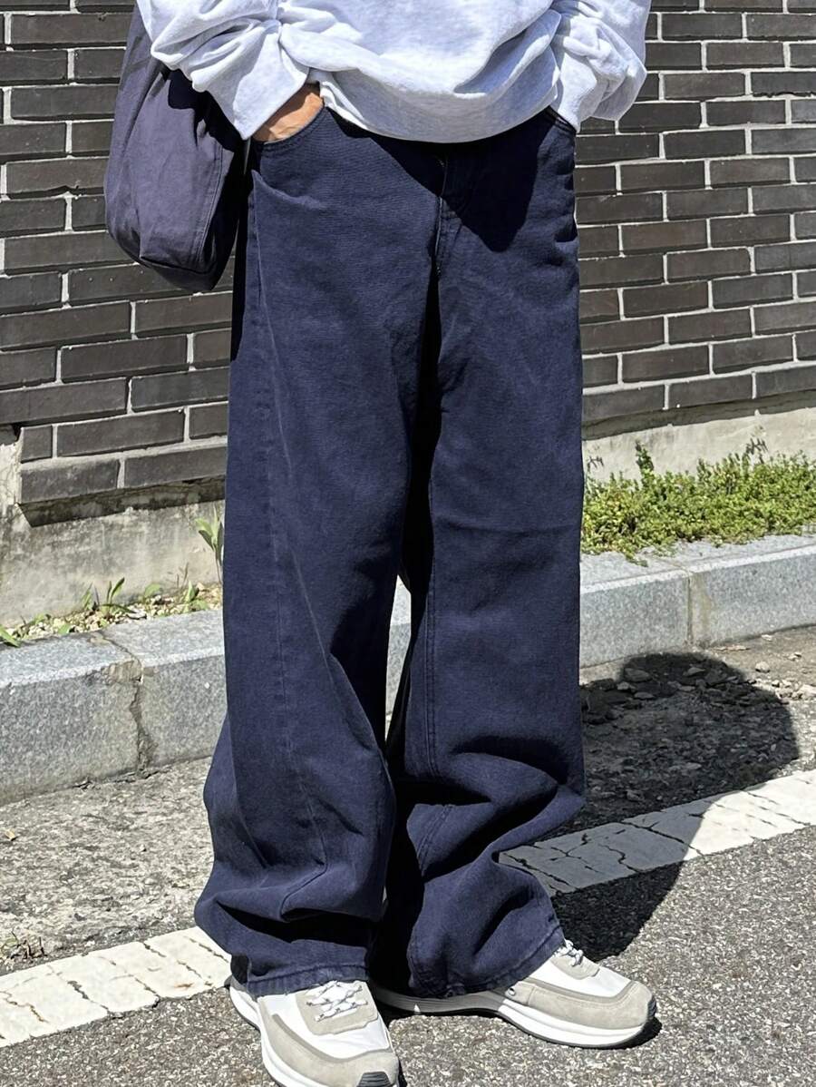 DAZY 男士休闲纯色宽松直筒裤，藏青色，秋季 - 藍色 - 查看 1