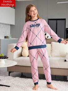 SHEIN Bộ đồ thường ngày 2 món cho bé gái tuổi teen - Bộ quần áo dài tay in họa tiết hình thoi & chữ cái tiếng Anh, mặc ở nhà thoải mái - Hồng - Xem 8