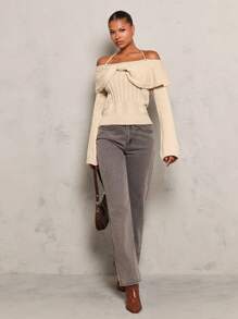 Glamine Women Off Shoulder Halter Neck Twist Front Bell Sleeve Sweater