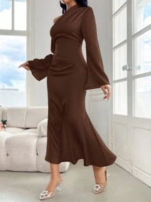 Modelyn Women's Solid Color Off Shoulder Loose Long Sleeve Bodycon Dress, With Ruffles, Wedding/Occasion Dress Long Evening Dresses