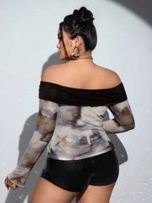SHEIN ICON Blusa de manga larga de punto con panel de malla de hombros descubiertos y estampado tie-dye para mujer talla grande