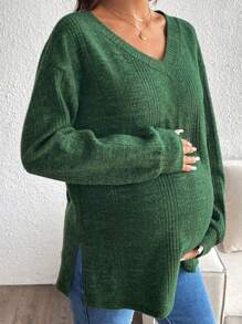 SHEIN Women Pregnant V-Neck Drop Shoulder Long Sleeve Stylish Slouchy Vibe All-Match T-Shirt, For Maternity