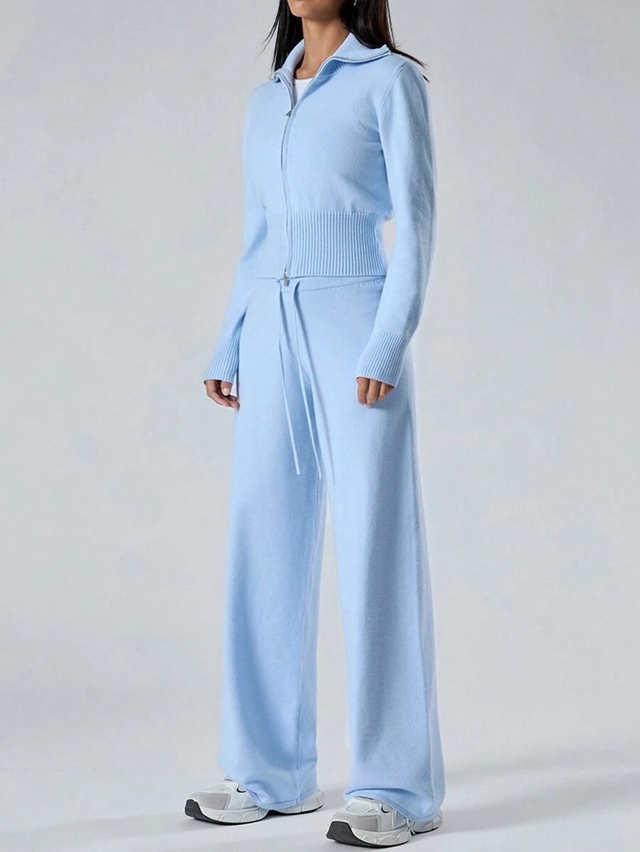 LYSMO 2 件套女士纯色拉链开衫和针织裤休闲套装，秋冬 - 藍色 - 查看 1