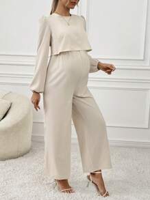 SHEIN Maternity Casual Solid Color Lantern Sleeve Jumpsuit, Autumn - Apricot - View 5