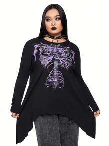 ROMWE Goth Plus Size Dark Skull & Skeleton Graphic Batwing Sleeve T-Shirt - Black - View 3