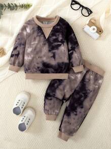 婴儿/男婴 2 件套秋季服装、时尚扎染连帽衫和休闲裤、秋季系列 - 灰色 - 查看 1