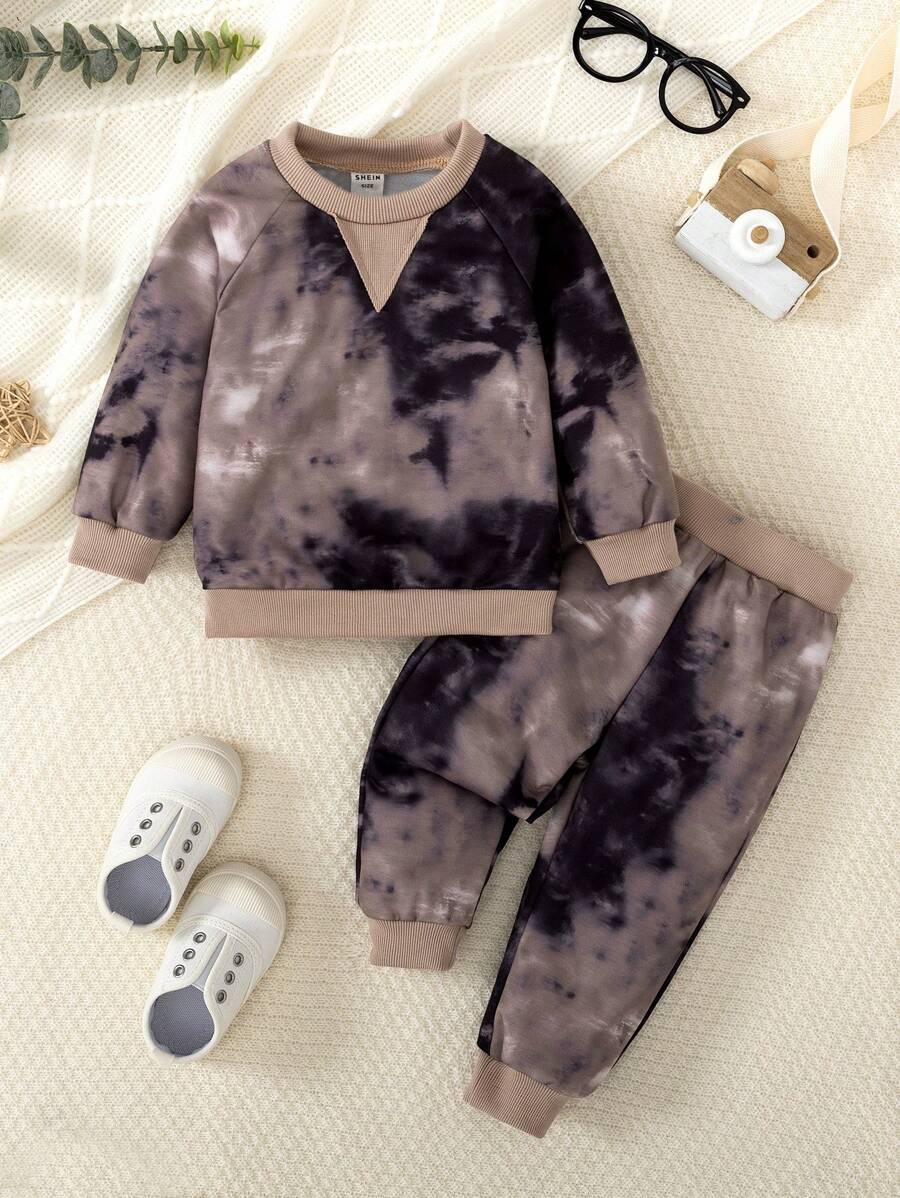 婴儿/男婴 2 件套秋季服装、时尚扎染连帽衫和休闲裤、秋季系列 - 灰色 - 查看 1