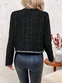 SHEIN Clasi 优雅时尚白色粗花呢撞色饰边圆领长袖短款修身女式夹克外套秋冬 - 黑色 - 查看 2