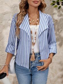 EMERY ROSE Women's Casual Contrast Striped Roll-Up Sleeve Jacket, Autumn - Multicolor - View 1