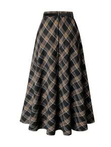 女士优雅格纹印花喇叭裙，不含腰带，休闲黑色春季款 - 黑色 - 查看 2