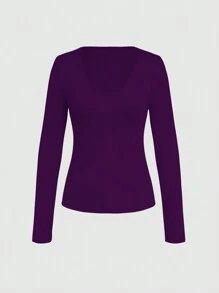 INAWLY 1 Áo thun nữ cổ tròn tay dài màu trơn đơn giản, thường ngày mặc hàng ngày - Màu tím  Violet - Xem 3