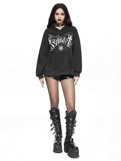 Grunge Punk Women's Punk Style Cross & Lightning Print Hoodie Sweatshirt