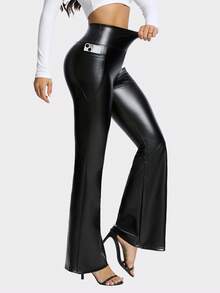 Pantaloni evazați din piele artificială PU, pantaloni pentru alergare yoga cu talie înaltă, îmbrăcăminte sport pentru femei - Negru - Vizualizare 1
