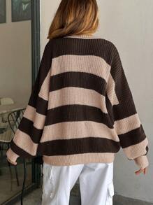 EURMUSE Women Stripe Pattern Round Neck Drop Shoulder Pullover - Multicolor - View 5