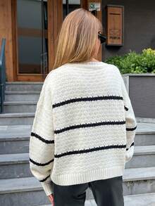 EURMUSE Autumn/Winter Casual Loose Drop Shoulder Contrast Color Striped Sweater - Black and White - View 2