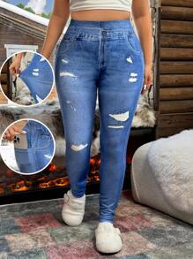 CovetEZ Quần legging denim cổ điển màu xanh cỡ lớn - Màu xanh lam - Xem 5