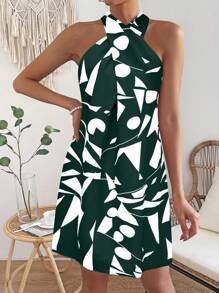 SHEIN Unity 女式夏季休闲全印花挂脖式度假连衣裙 - 墨綠色 - 查看 8