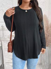 SHEIN LUNE 大码休闲纯色长袖 T 恤冬季服装 - 深灰色 - 查看 6