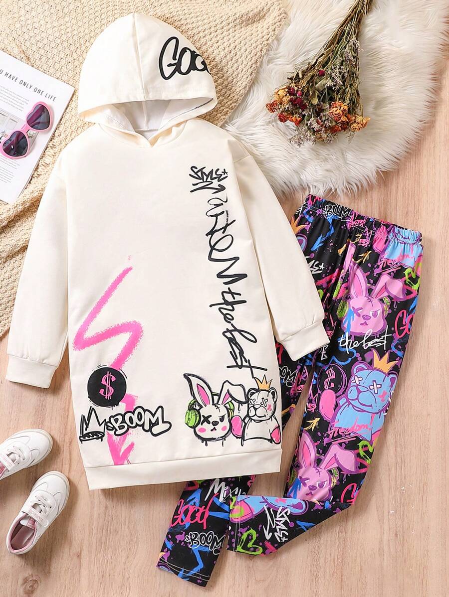 2pcs/Set Tween Girls Street Print Hoodie And Leggings Set - Multicolor - View 1