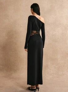 Poéselle Vestido largo elegante para mujer con hombro oblicuo de manga larga, parche de encaje de unicolor, vestido para fiesta, vestido de verano para mujer, vestido para té - Negro - Ver 6