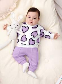 SHEIN Newborn Baby Girl Cute Heart Pattern Sweatshirt & Solid Color Elastic Waist Pants Set, Autumn/Winter - Purple - View 5