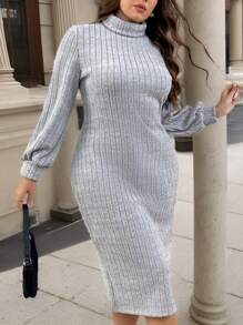 SHEIN Privé Plus Size Elegant Casual & Commuter Fitted Collared Long Sleeve Fleece Ribbed Knit Dress - Grey - View 4