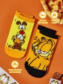 GARFIELD X SHEIN 2 Pairs Cute Colorblock Cartoon Pattern Kids Short Cotton Socks