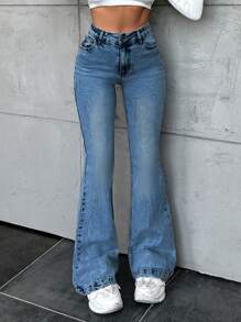 EURMUSE 100 % bomull damjeans med sneda fickor och utsvängda ben - Blå - Visa 1