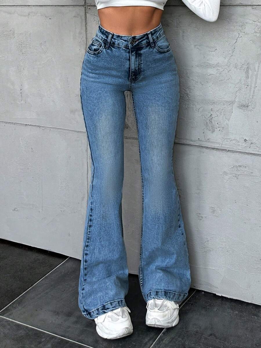 EURMUSE 100 % bomull damjeans med sneda fickor och utsvängda ben - Blå - Visa 1