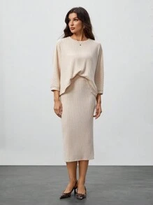 SHEIN Tall Casual Women's Batwing Sleeve Ribbed Crop Top And Skirt Set, 2pcs - Khaki - View 4