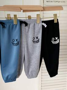 SHEIN 3pcs/Set Baby Boy/Girl Casual Daily Versatile Street Fashion Academy Style Black/Gray/Blue Smiling Face Print Knitted Sweatpants, Suitable For Home, Outdoor, Play - Multicolor - View 7