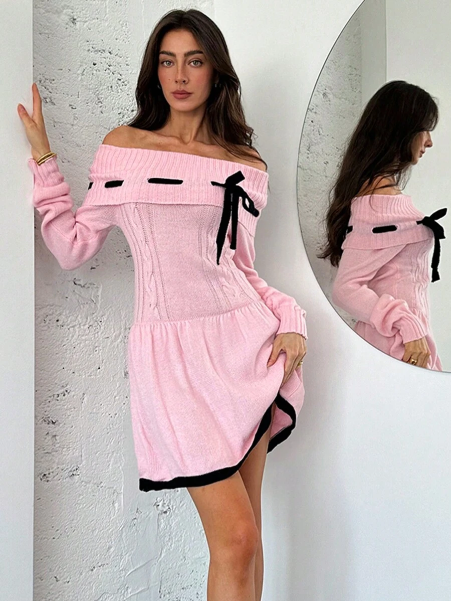 Aloruh Sweet Pink Color Contrast Bow Decor Knitted Long Sleeve Fitted Mini Sweater Dress For Autumn/Winter - Pink - View 1