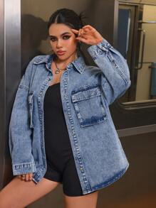 SHEIN EZwear 1pc Women Casual Oversized Front Button Drop Shoulder Denim Jacket, Suitable For Autumn - Medium Wash - View 1