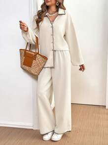 SHEIN Frenchy 2pcs Long Sleeve Top And Pants Set With Contrast Trim For Women Winter Casual - Apricot - View 3