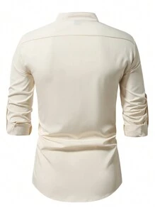 Manfinity Mode Camisa de hombre de manga enrollada con botones hasta la mitad, camisa de color melocotón claro, ropa de hombre para otoño e invierno, camisa de hombre abotonada de color melocotón claro, camisa de hombre de manga enrollada con botones hasta la mitad - Albaricoque - Ver 2