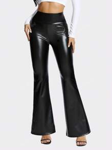 Artificial PU Leather Flared Pants, High-Waisted Boot Cut Yoga Running Pants, Women's Sportswear