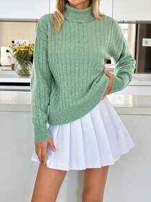 EURMUSE Solid Rib Pattern Turtleneck Pullover Sweater For Autumn & Winter - Mint Green - View 3