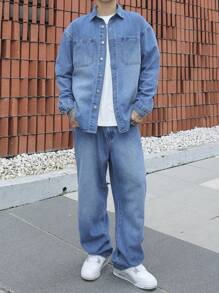 Manfinity Homme Men Plus Size Casual Fashionable Washed Denim Jacket And Jeans Set, Suitable For Spring And Autumn - Medium Wash - View 1