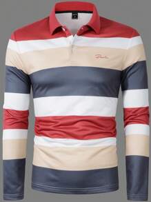 Manfinity Homme Men's Letter Printed Contrast Striped Polo Shirt - Multicolor - View 6