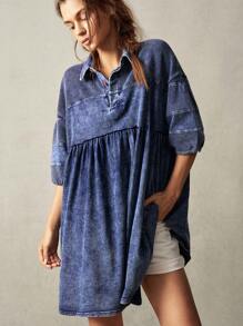 Bohemela Women's Casual Solid Color Woven Denim Short Sleeve Turndown Collar Long Shirt