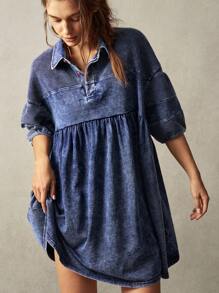 Bohemela Women's Casual Solid Color Woven Denim Short Sleeve Turndown Collar Long Shirt